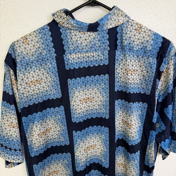 Vtg 70s Mervyns Disco Shirt Mens Geometric Button Up Nylon Dagger Collar Cubes - Picture 8 of 11